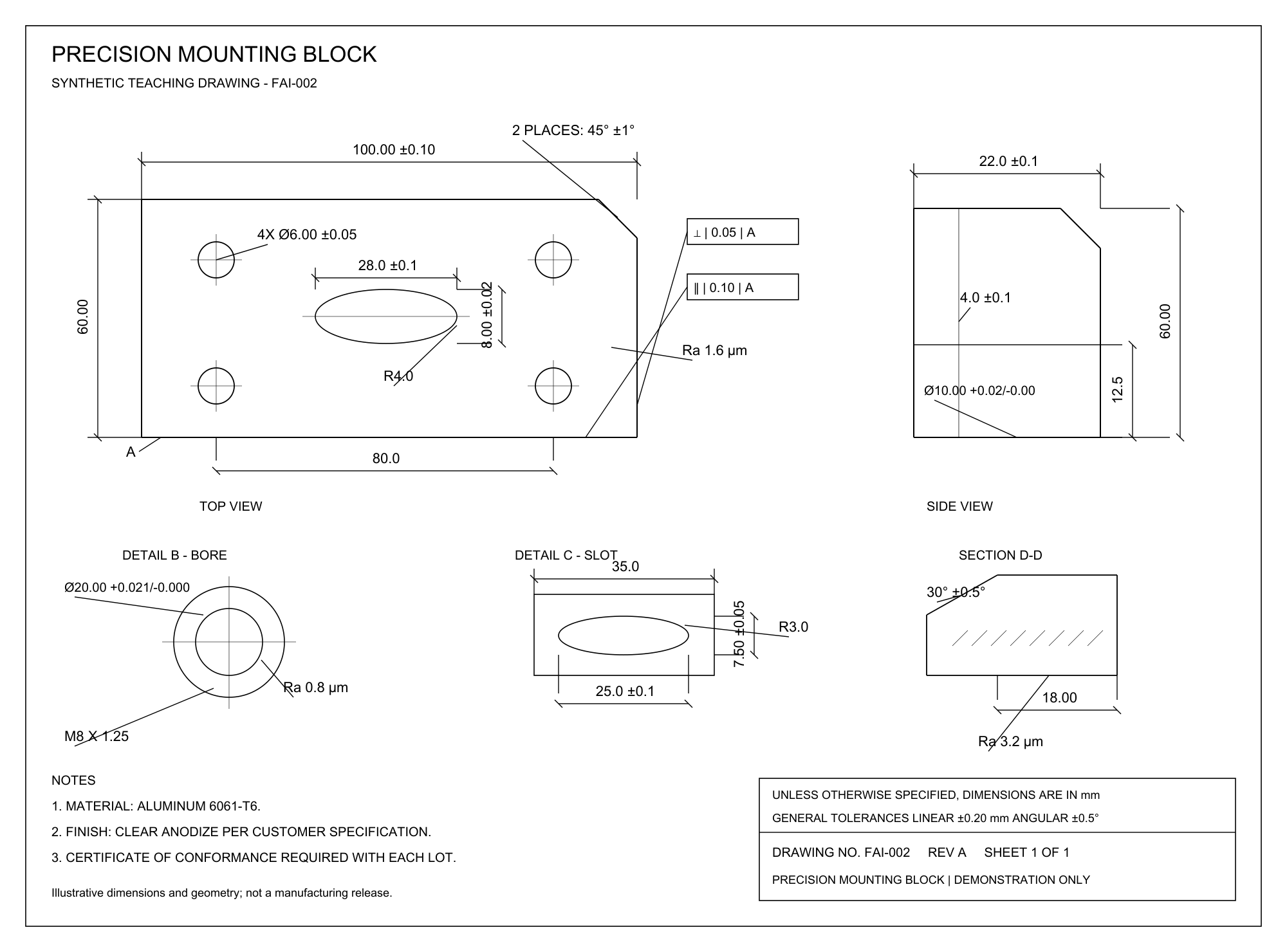 Synthetic precision mounting block drawing with top, side, bore, slot and section views