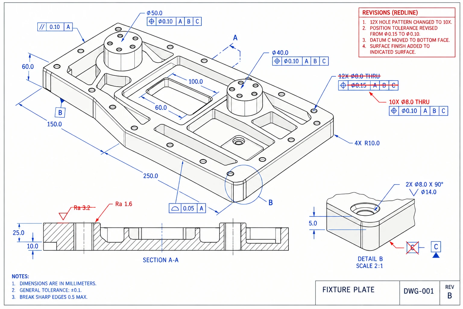 Complex fixture plate drawing with hole-pattern, positional-tolerance, datum, and surface-finish redlines
