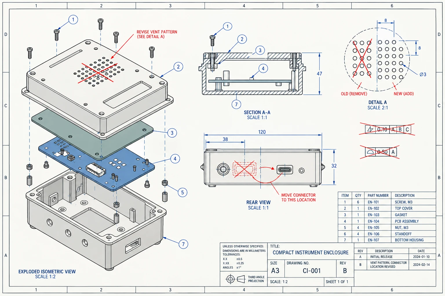 Complex instrument enclosure drawing with an exploded assembly, section view, rear view, and redline changes