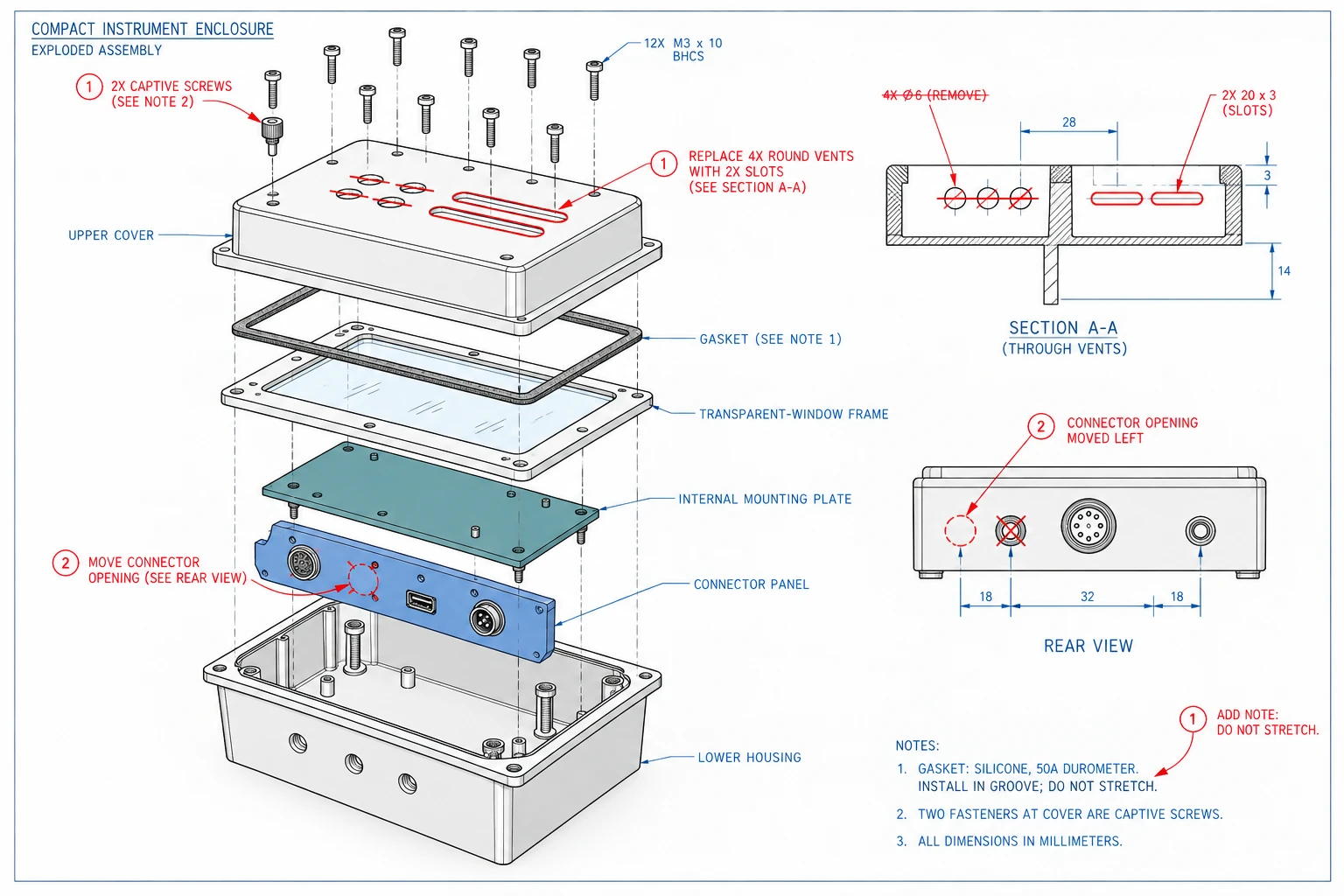 Exploded instrument enclosure drawing with vent, connector, captive-screw, and gasket redlines