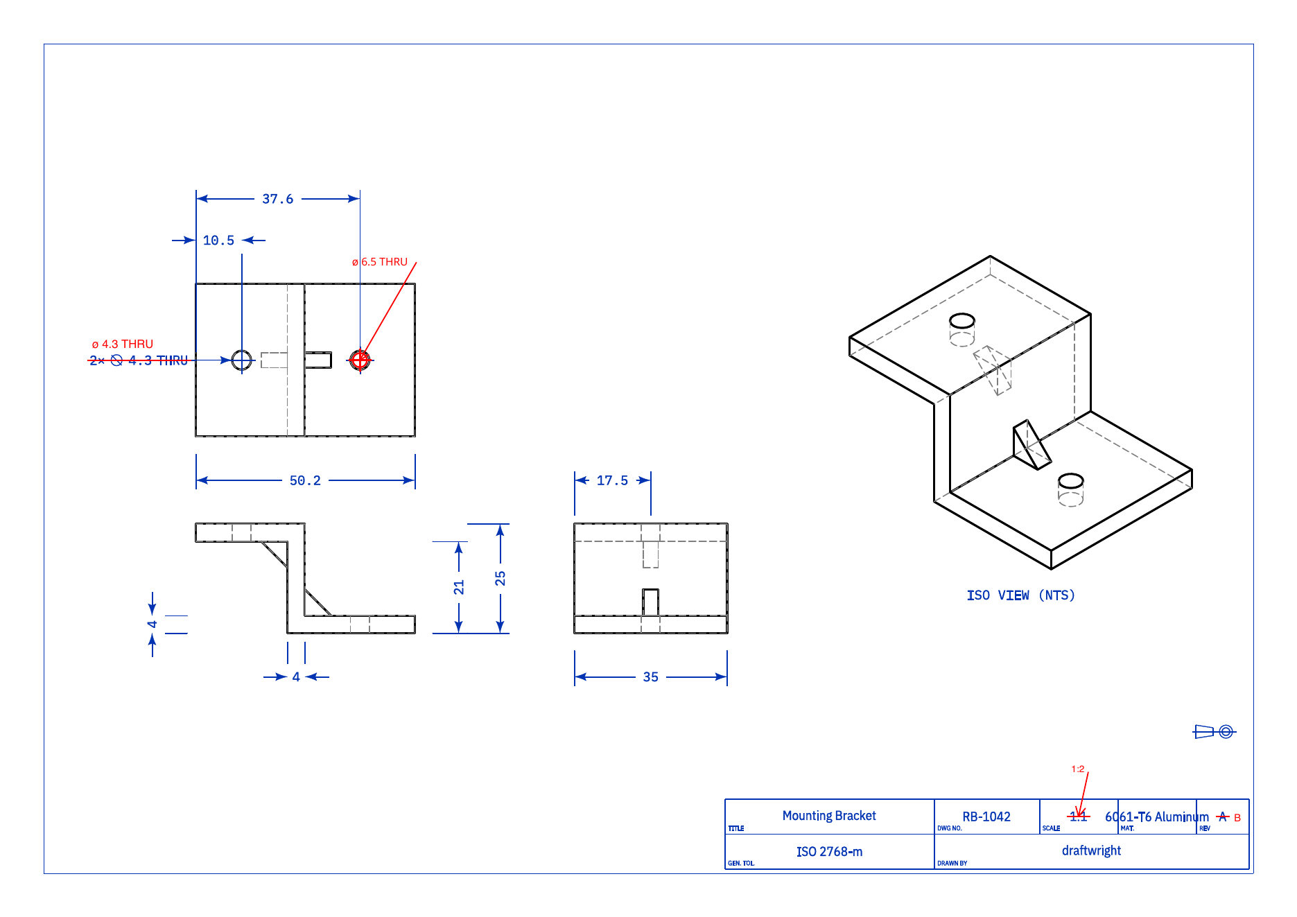 Mounting bracket redline showing proposed drawing changes